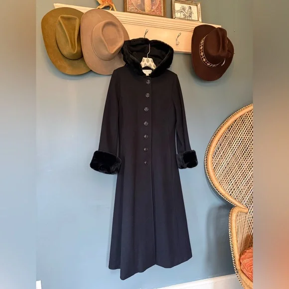 Vintage duster Long Black Wool Fur trim coat Hood cuffs sz 8p - Picture 11 of 14